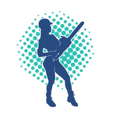 Elektrikli testereli seksi bir kadın işçinin silüeti. Elinde testere tutan bir oduncu gibi giyinmiş seksi kadın duruşu silueti..