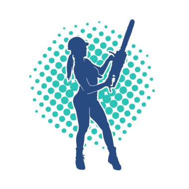 Elektrikli testereli seksi bir kadın işçinin silüeti. Elinde testere tutan bir oduncu gibi giyinmiş seksi kadın duruşu silueti..