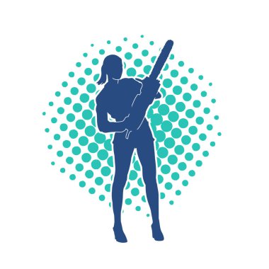 Elektrikli testereli seksi bir kadın işçinin silüeti. Elinde testere tutan bir oduncu gibi giyinmiş seksi kadın duruşu silueti..