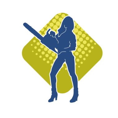 Elektrikli testereli seksi bir kadın işçinin silüeti. Elinde testere tutan bir oduncu gibi giyinmiş seksi kadın duruşu silueti..