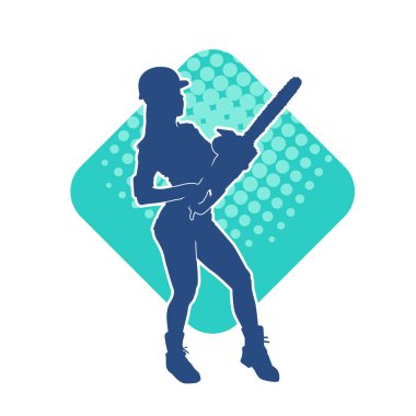 Elektrikli testereli seksi bir kadın işçinin silüeti. Elinde testere tutan bir oduncu gibi giyinmiş seksi kadın duruşu silueti..