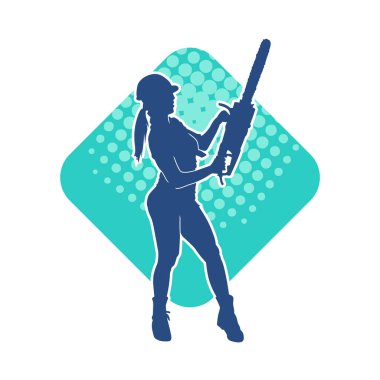 Elektrikli testereli seksi bir kadın işçinin silüeti. Elinde testere tutan bir oduncu gibi giyinmiş seksi kadın duruşu silueti..