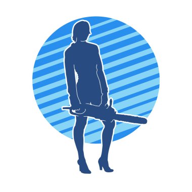 Elektrikli testereli seksi bir kadın işçinin silüeti. Elinde testere tutan bir oduncu gibi giyinmiş seksi kadın duruşu silueti..