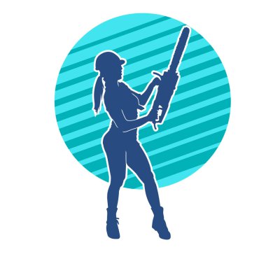 Elektrikli testereli seksi bir kadın işçinin silüeti. Elinde testere tutan bir oduncu gibi giyinmiş seksi kadın duruşu silueti..