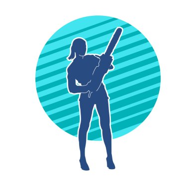 Elektrikli testereli seksi bir kadın işçinin silüeti. Elinde testere tutan bir oduncu gibi giyinmiş seksi kadın duruşu silueti..