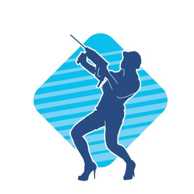 Makineli elektrikli matkap taşıyan kadın bir inşaat işçisinin silueti. Elektrikli matkap tutan bir kadın inşaatçının silueti..