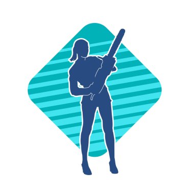 Elektrikli testereli seksi bir kadın işçinin silüeti. Elinde testere tutan bir oduncu gibi giyinmiş seksi kadın duruşu silueti..