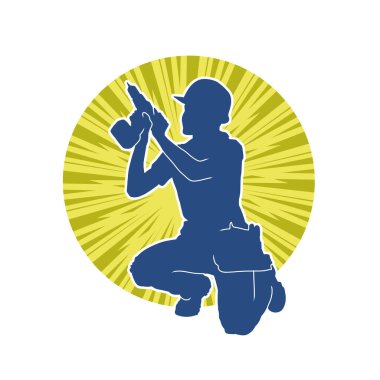 Makineli elektrikli matkap taşıyan kadın bir inşaat işçisinin silueti. Elektrikli matkap tutan bir kadın inşaatçının silueti..