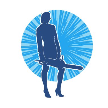 Elektrikli testereli seksi bir kadın işçinin silüeti. Elinde testere tutan bir oduncu gibi giyinmiş seksi kadın duruşu silueti..