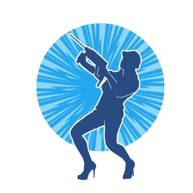 Makineli elektrikli matkap taşıyan kadın bir inşaat işçisinin silueti. Elektrikli matkap tutan bir kadın inşaatçının silueti..