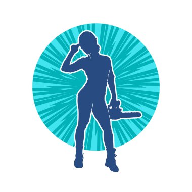 Elektrikli testereli seksi bir kadın işçinin silüeti. Elinde testere tutan bir oduncu gibi giyinmiş seksi kadın duruşu silueti..