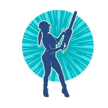 Elektrikli testereli seksi bir kadın işçinin silüeti. Elinde testere tutan bir oduncu gibi giyinmiş seksi kadın duruşu silueti..