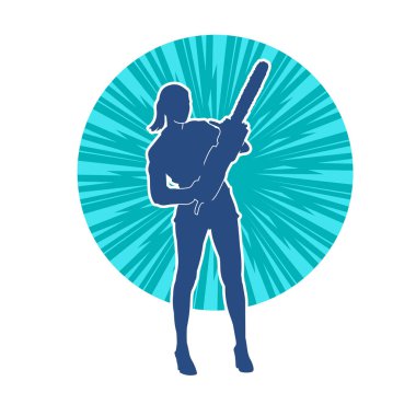 Elektrikli testereli seksi bir kadın işçinin silüeti. Elinde testere tutan bir oduncu gibi giyinmiş seksi kadın duruşu silueti..