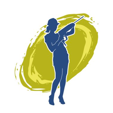 Makineli elektrikli matkap taşıyan kadın bir inşaat işçisinin silueti. Elektrikli matkap tutan bir kadın inşaatçının silueti..