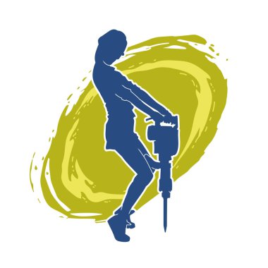 Makineli elektrikli matkap taşıyan kadın bir inşaat işçisinin silueti. Elektrikli matkap tutan bir kadın inşaatçının silueti..