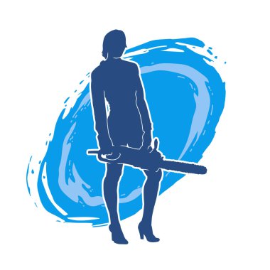 Elektrikli testereli seksi bir kadın işçinin silüeti. Elinde testere tutan bir oduncu gibi giyinmiş seksi kadın duruşu silueti..