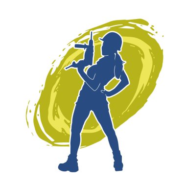 Makineli elektrikli matkap taşıyan kadın bir inşaat işçisinin silueti. Elektrikli matkap tutan bir kadın inşaatçının silueti..