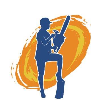 Elektrikli testereli seksi bir kadın işçinin silüeti. Elinde testere tutan bir oduncu gibi giyinmiş seksi kadın duruşu silueti..