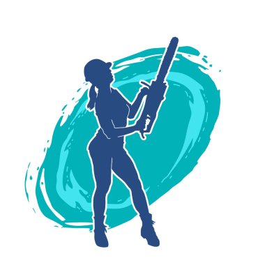 Elektrikli testereli seksi bir kadın işçinin silüeti. Elinde testere tutan bir oduncu gibi giyinmiş seksi kadın duruşu silueti..