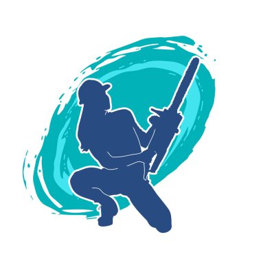 Elektrikli testereli seksi bir kadın işçinin silüeti. Elinde testere tutan bir oduncu gibi giyinmiş seksi kadın duruşu silueti..