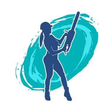 Elektrikli testereli seksi bir kadın işçinin silüeti. Elinde testere tutan bir oduncu gibi giyinmiş seksi kadın duruşu silueti..