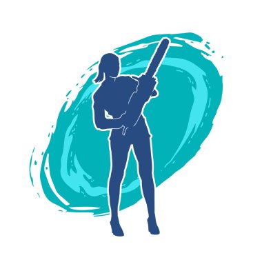 Elektrikli testereli seksi bir kadın işçinin silüeti. Elinde testere tutan bir oduncu gibi giyinmiş seksi kadın duruşu silueti..