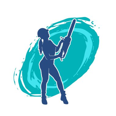 Elektrikli testereli seksi bir kadın işçinin silüeti. Elinde testere tutan bir oduncu gibi giyinmiş seksi kadın duruşu silueti..