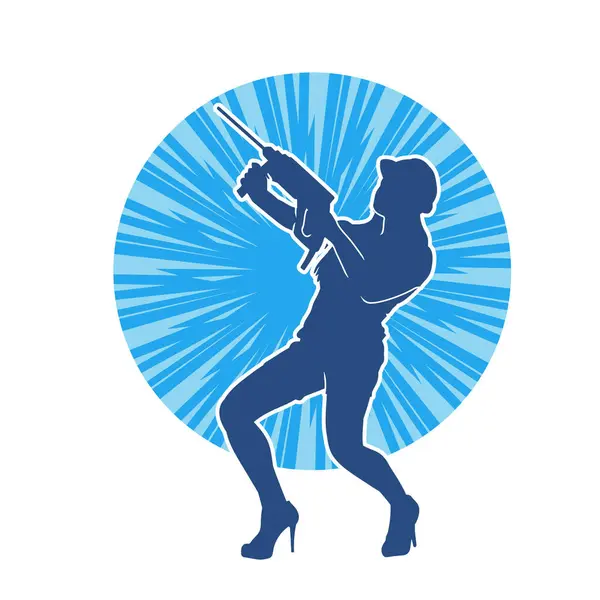 Makineli elektrikli matkap taşıyan kadın bir inşaat işçisinin silueti. Elektrikli matkap tutan bir kadın inşaatçının silueti..