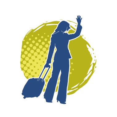 İnce moda bir kadın yolcunun silueti seyahat valizi taşıyor.