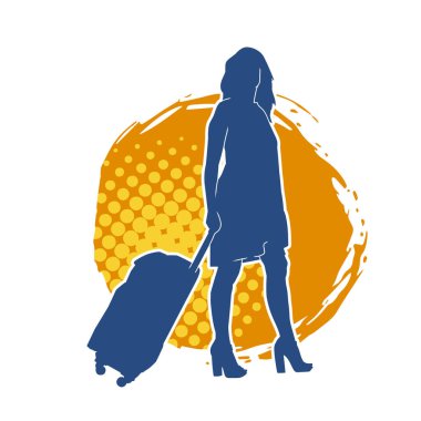 İnce moda bir kadın yolcunun silueti seyahat valizi taşıyor.