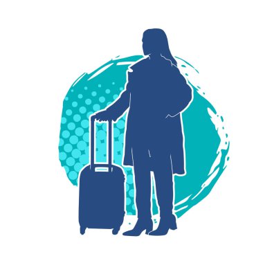 İnce moda bir kadın yolcunun silueti seyahat valizi taşıyor.