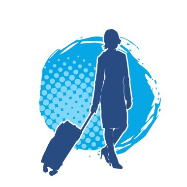 İnce moda bir kadın yolcunun silueti seyahat valizi taşıyor.