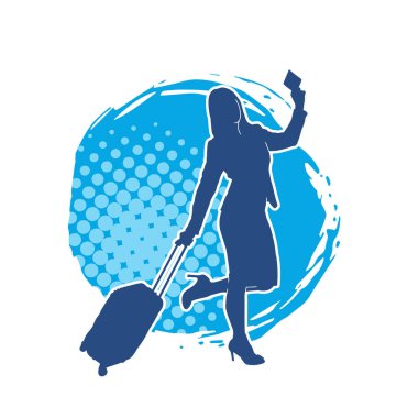 İnce moda bir kadın yolcunun silueti seyahat valizi taşıyor.