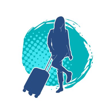 İnce moda bir kadın yolcunun silueti seyahat valizi taşıyor.