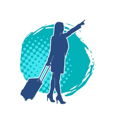 İnce moda bir kadın yolcunun silueti seyahat valizi taşıyor.