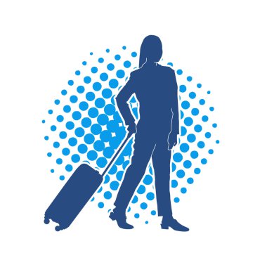 İnce moda bir kadın yolcunun silueti seyahat valizi taşıyor.