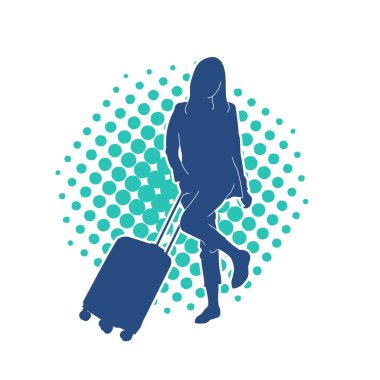 İnce moda bir kadın yolcunun silueti seyahat valizi taşıyor.