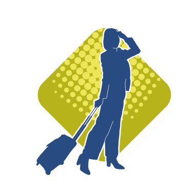 İnce moda bir kadın yolcunun silueti seyahat valizi taşıyor.