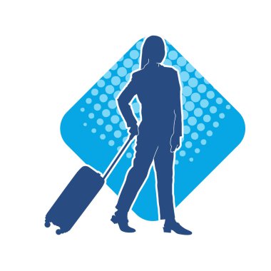 İnce moda bir kadın yolcunun silueti seyahat valizi taşıyor.