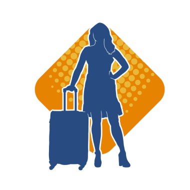 İnce moda bir kadın yolcunun silueti seyahat valizi taşıyor.