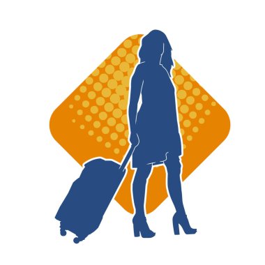 İnce moda bir kadın yolcunun silueti seyahat valizi taşıyor.