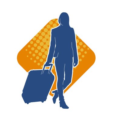 İnce moda bir kadın yolcunun silueti seyahat valizi taşıyor.