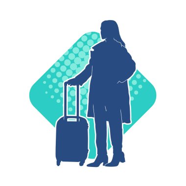 İnce moda bir kadın yolcunun silueti seyahat valizi taşıyor.