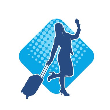 İnce moda bir kadın yolcunun silueti seyahat valizi taşıyor.