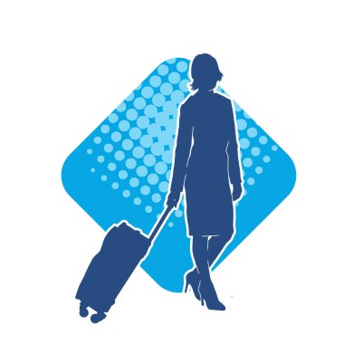 İnce moda bir kadın yolcunun silueti seyahat valizi taşıyor.