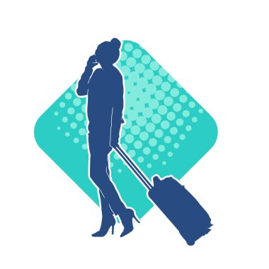 İnce moda bir kadın yolcunun silueti seyahat valizi taşıyor.