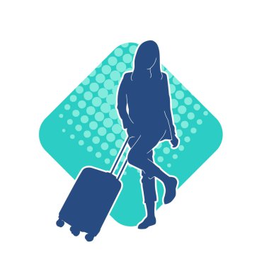 İnce moda bir kadın yolcunun silueti seyahat valizi taşıyor.