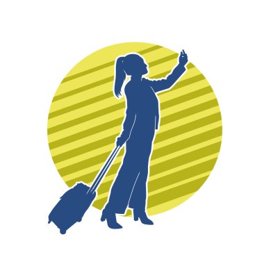 İnce moda bir kadın yolcunun silueti seyahat valizi taşıyor.