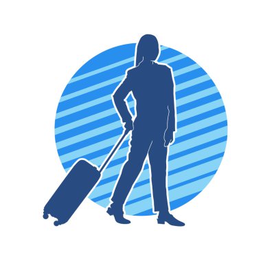 İnce moda bir kadın yolcunun silueti seyahat valizi taşıyor.