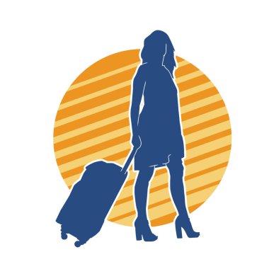 İnce moda bir kadın yolcunun silueti seyahat valizi taşıyor.